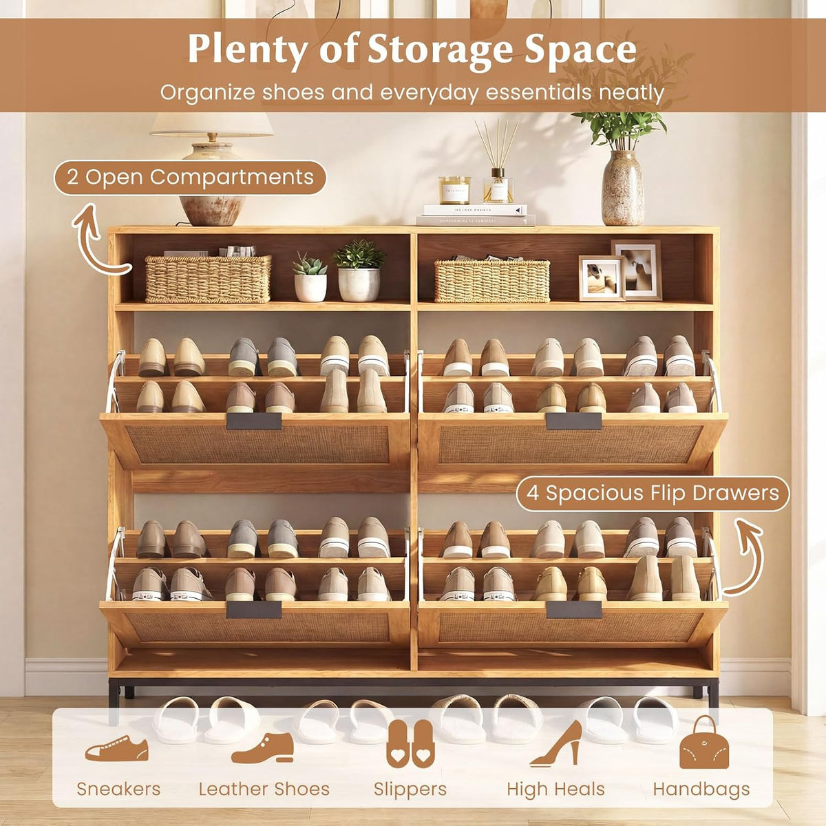 GIANTEX Slim Shoe Storage Cabinet with 4 Flip Drawers & 2 Open Compartments