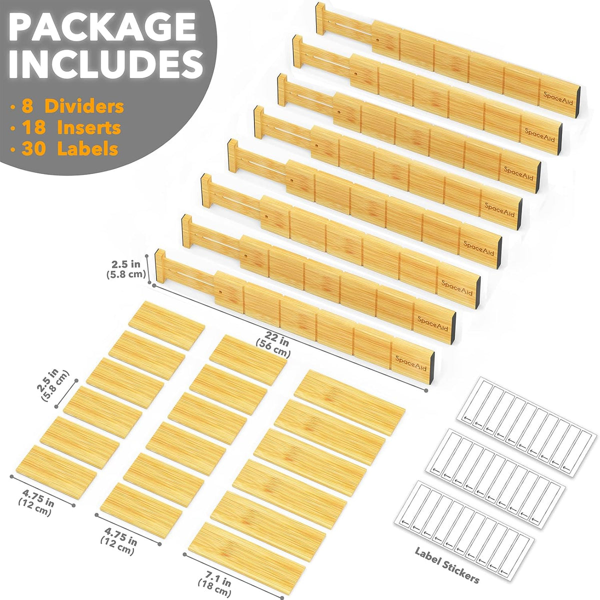 SpaceAid Bamboo Drawer Dividers with Inserts and Labels, Kitchen Adjustable D...