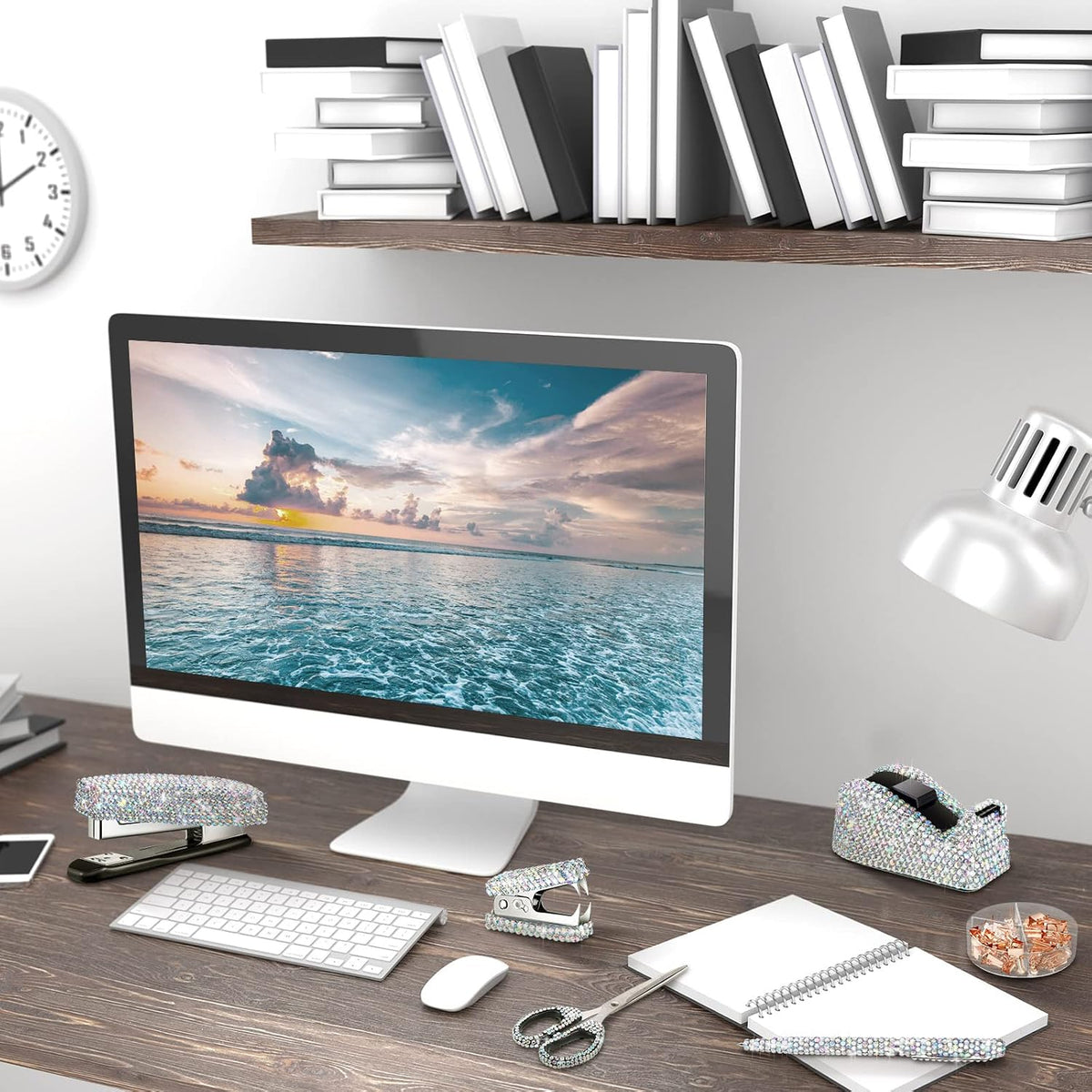 Demissle 6 Pcs Bling Office Desk Accessories Crystal Kit, White