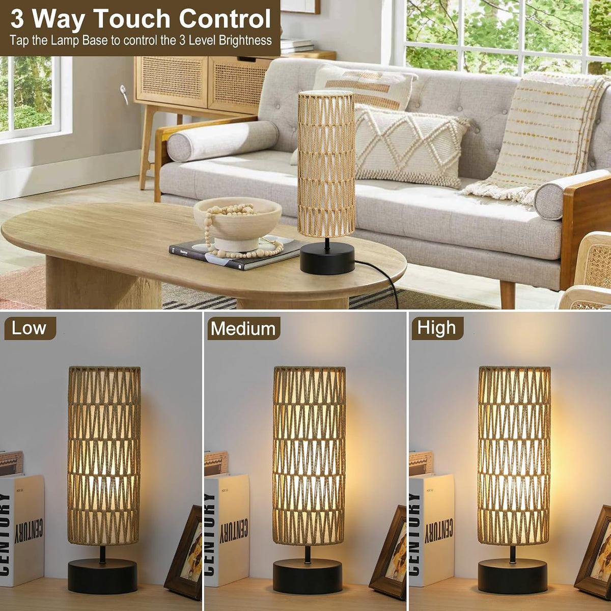 Rattan Table Lamp, Touch Control Bedside Table Lamp with Black Base, 3 Way Di...