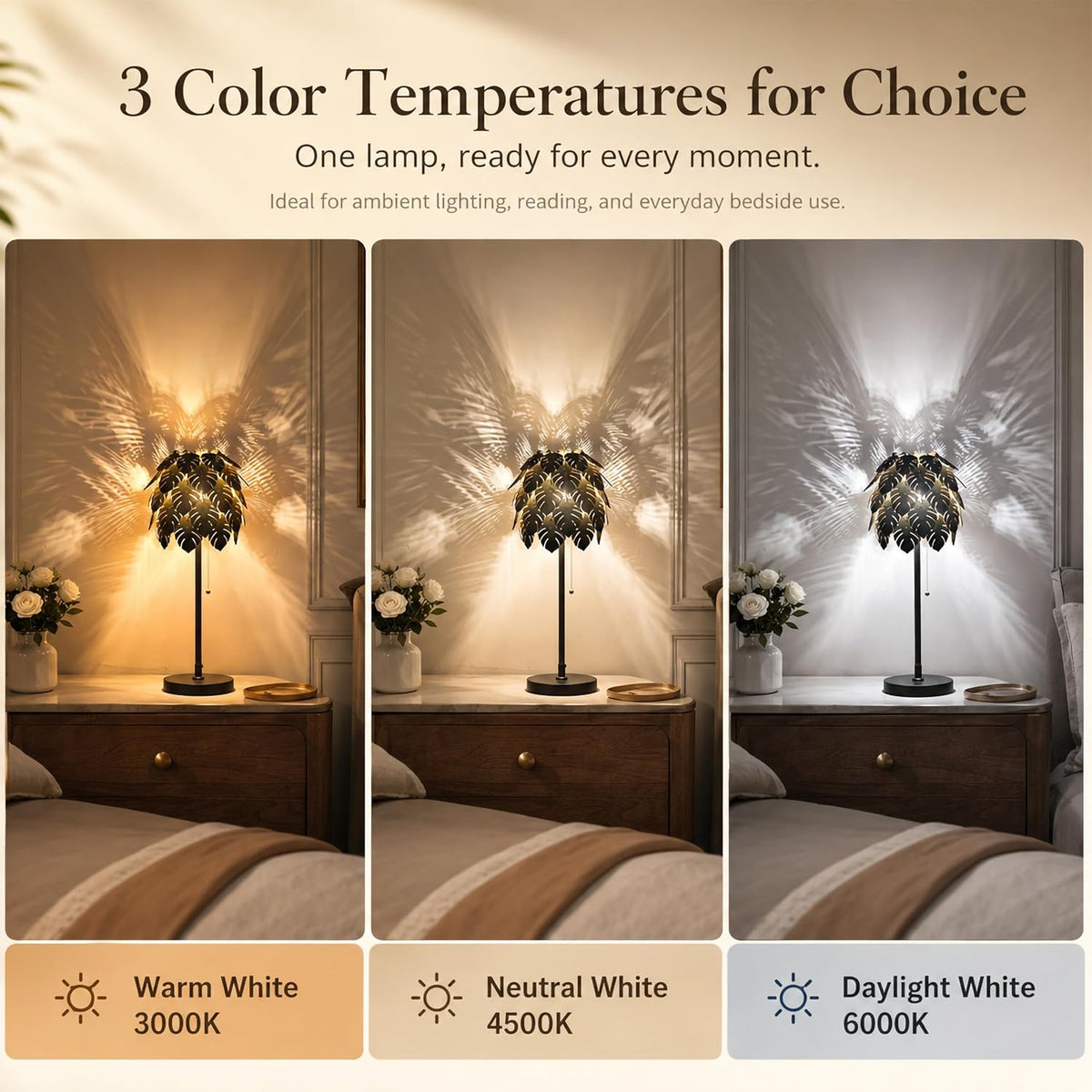 DIY Wood Monstera Table Lamp for Bedroom, Dimmable Lamp with Pull Chain