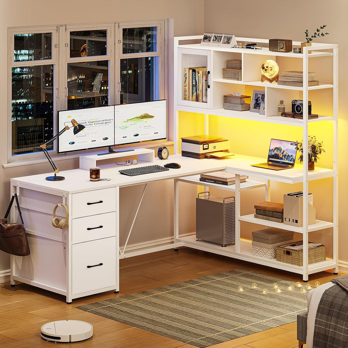 SEDETA 58'' L Shaped Computer Office Desk with 3 Drawers and Bookshelf