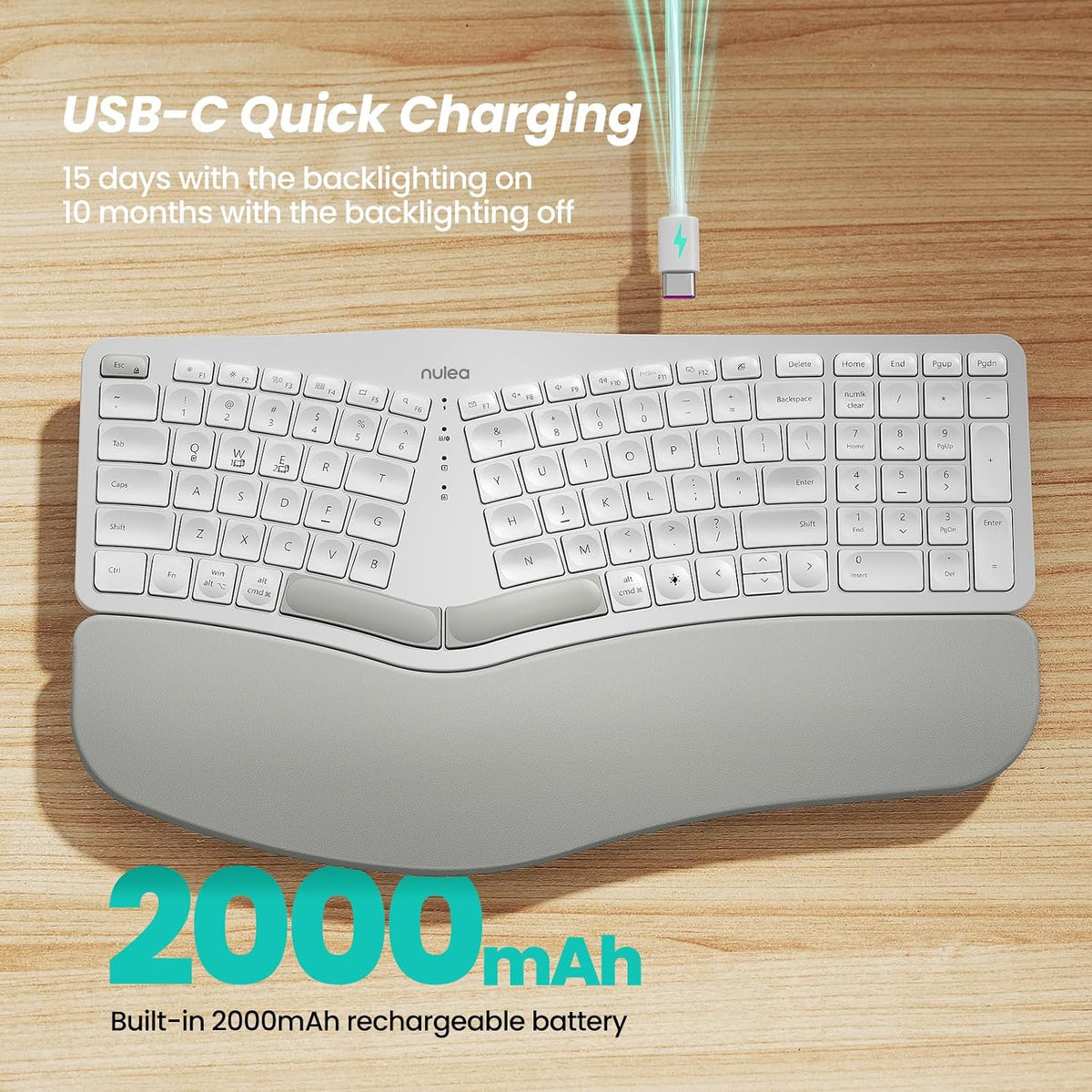 Nulea RT05 Wireless Ergonomic Keyboard, Split Keyboard with Wrist Rest, USB-C...