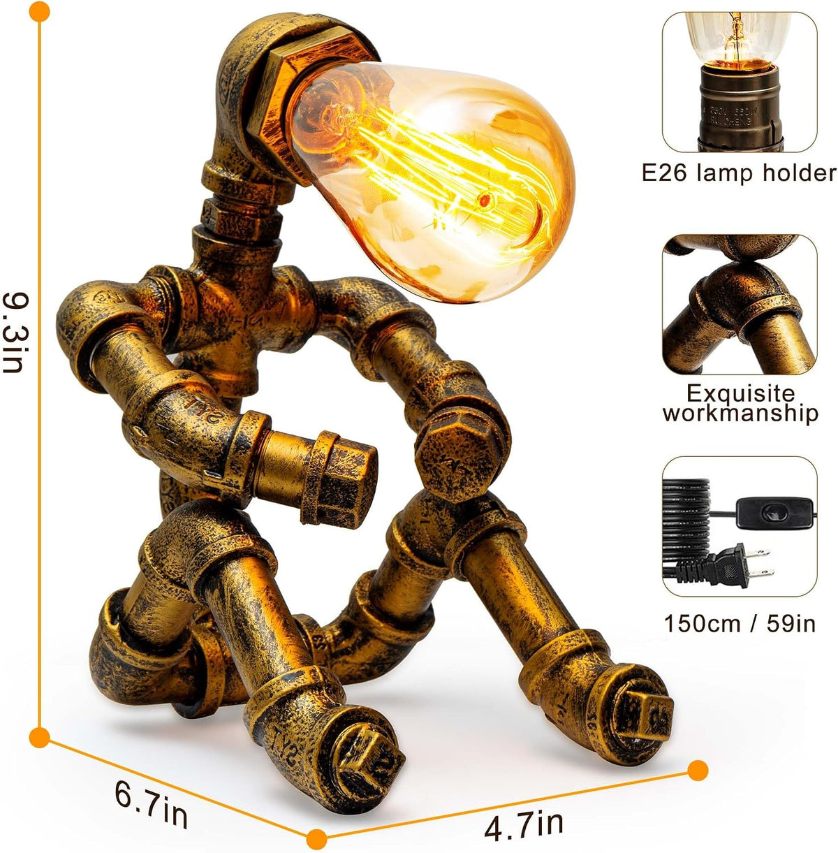 Steampunk Table Lamp, Vintage Industrial Metal Robot Table lamp, Water Pipe T...