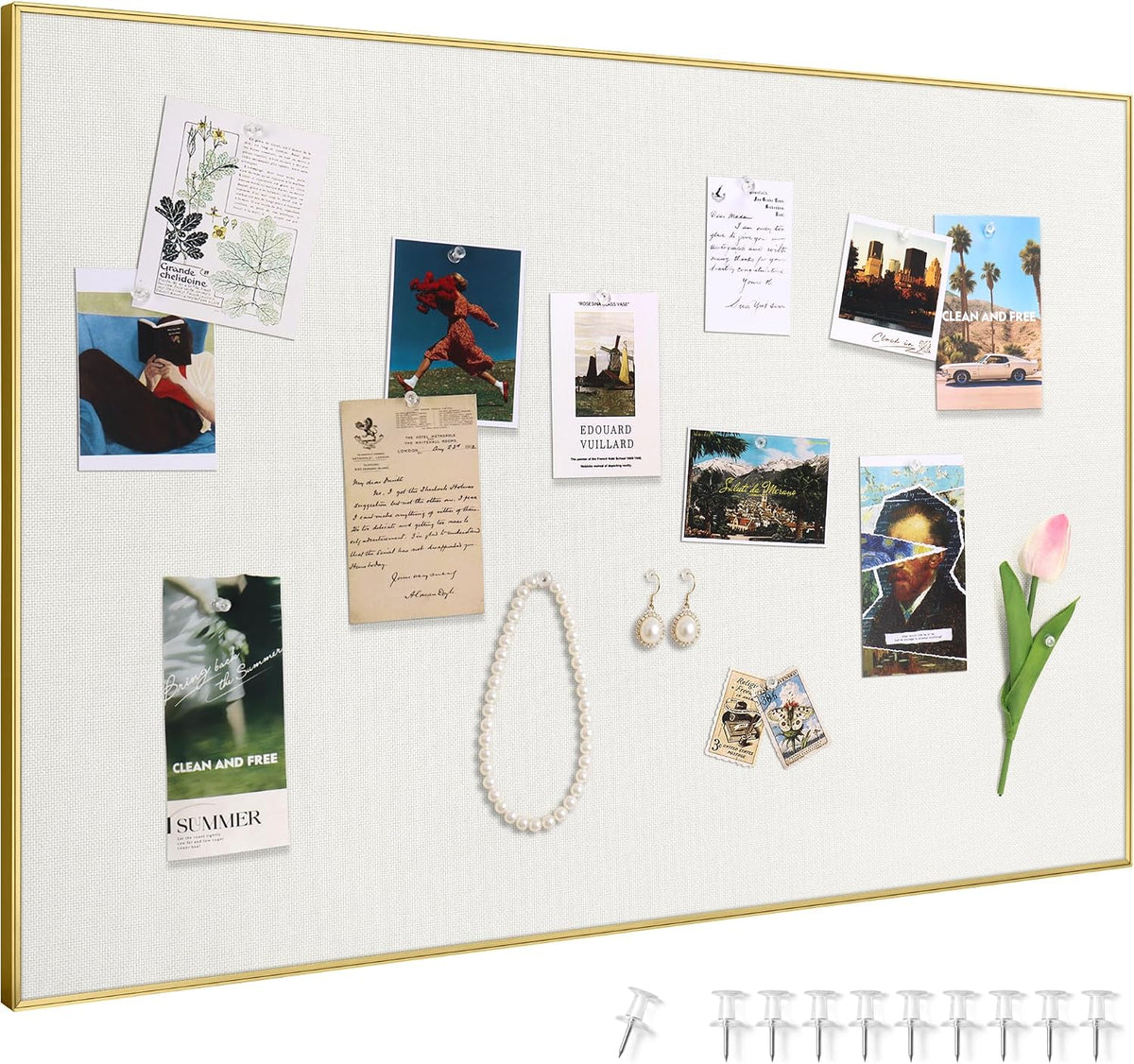 SELEAD Linen Bulletin Board 30” x 20” - Golden Aluminum Frame, Beige Fabric