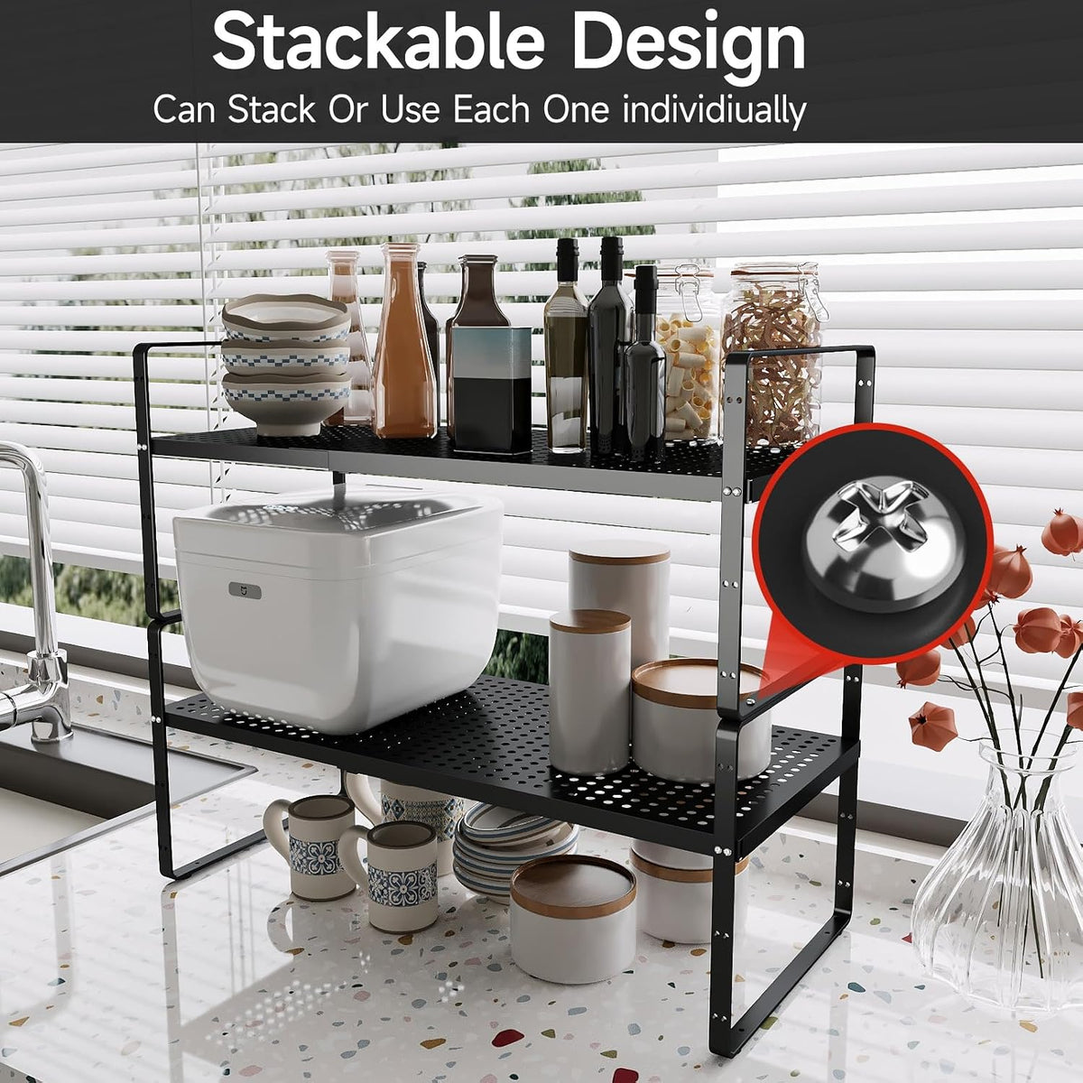 Expandable Cabinet Shelf Organizers, 16.5"~27''L, Black