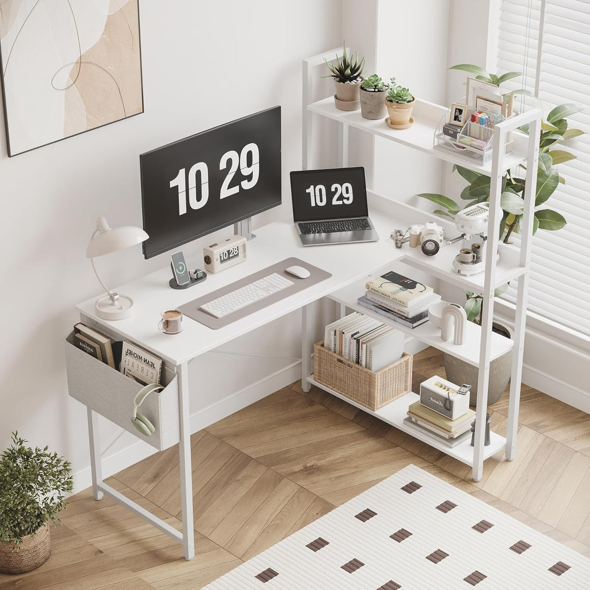 Treesland 55 Inch Computer Desk with Bookshelf, Corner Desk with Storage, L S...