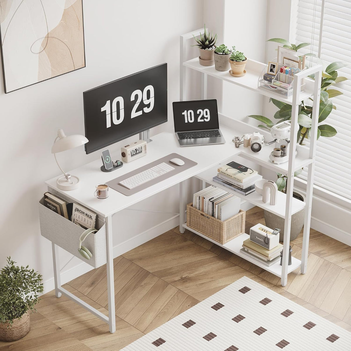 Treesland 47 Inch Computer Desk with Bookshelf, Corner Desk with Storage, L S...