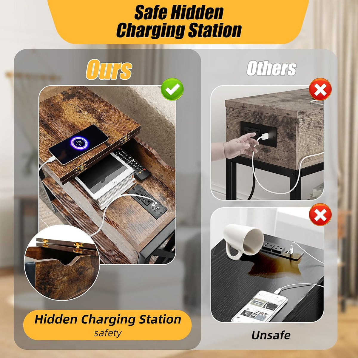 Flip Top End Table with Hidden Charging Station, 12" D x 21" W x 26...