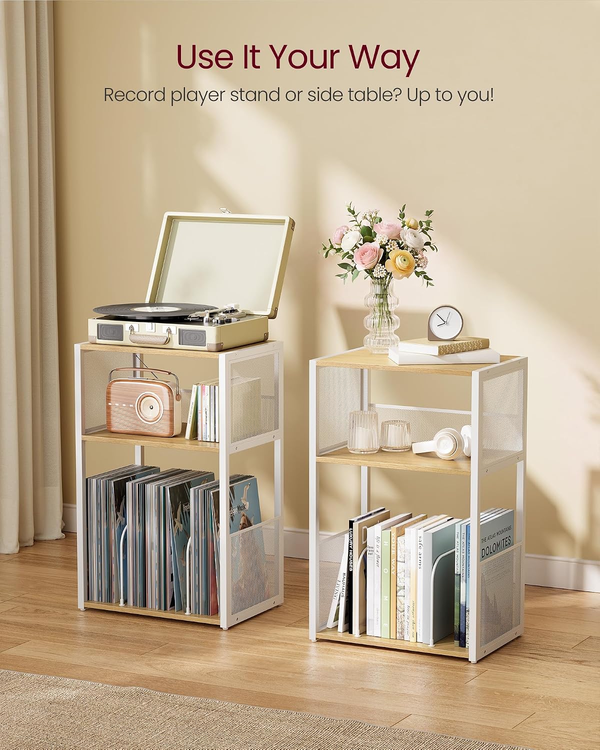 VASAGLE Record Player Stand, End Table with Record Storage up to 100 Albums
