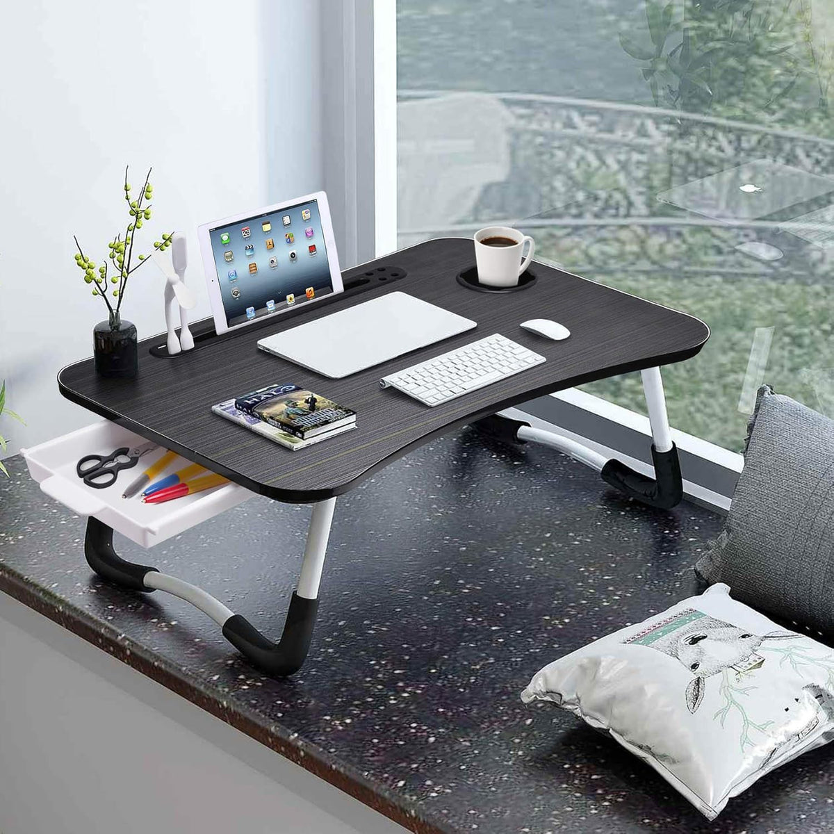 Slendor Bed Desk for Laptop and Writing with Storage, Cup Holder, Light