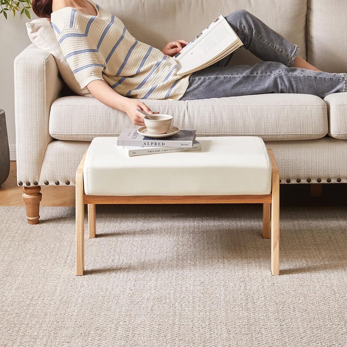 IBUYKE Large Footstool Ottoman, PU Faux Leather Footrest, White WBD031W