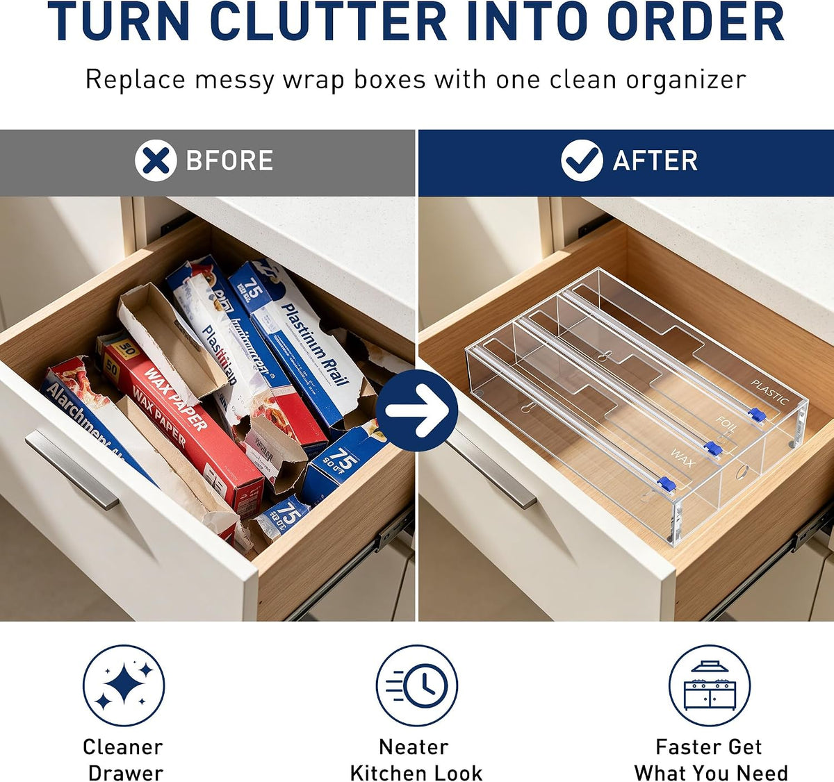 3 In 1 Acrylic Aluminum Foil, Plastic Wrap Organizer with Cutter