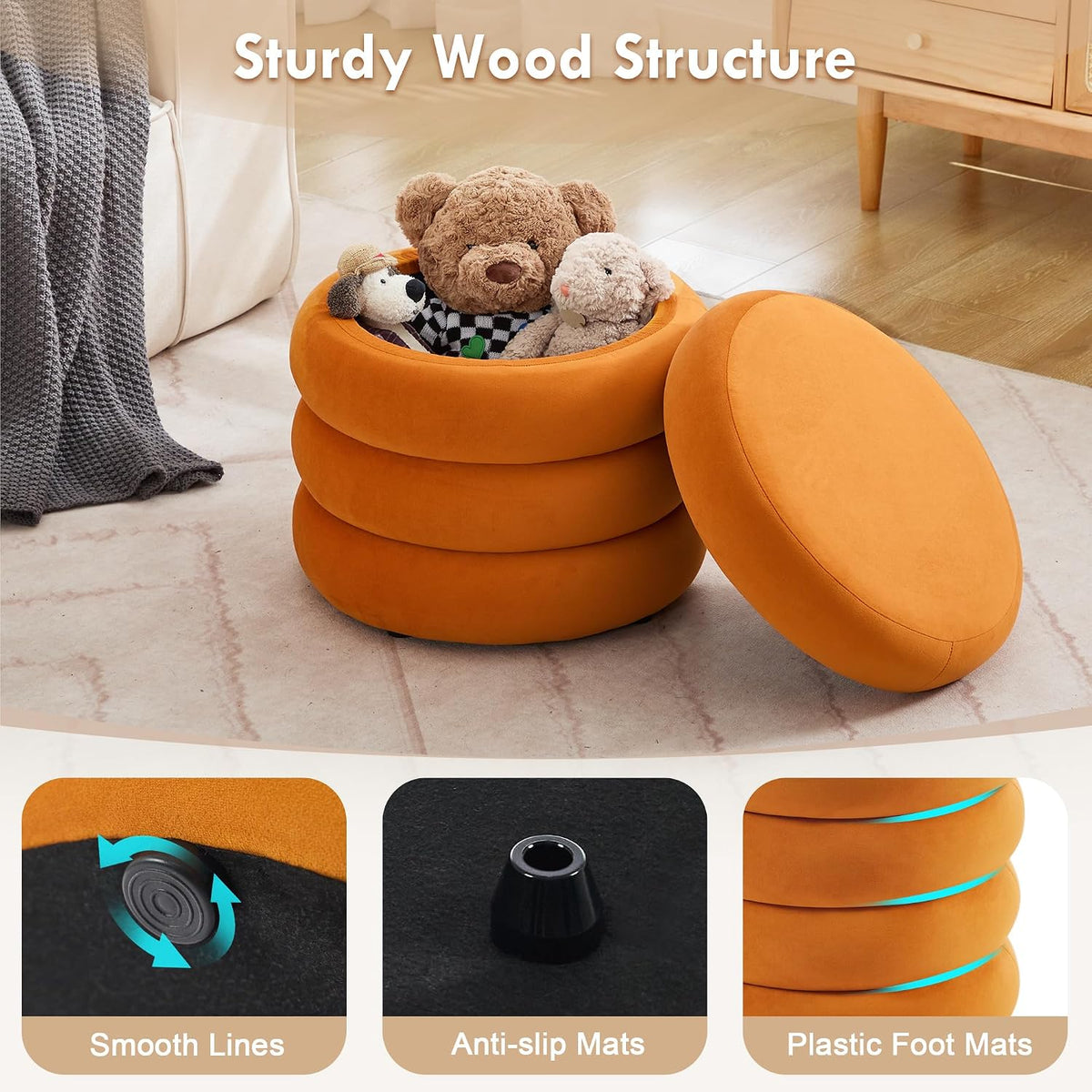 Round Velvet Storage Ottoman Set of 2, Tufted Vanity Stool for Dorm