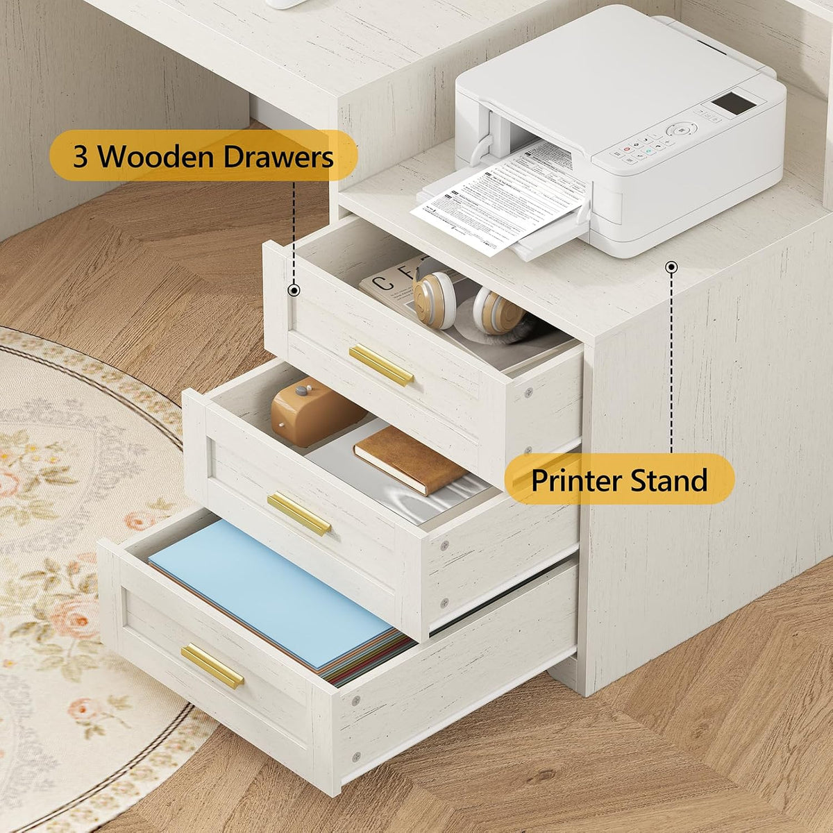 TVU 65" White Computer Desk with Drawers and Printer Stand for Home Office