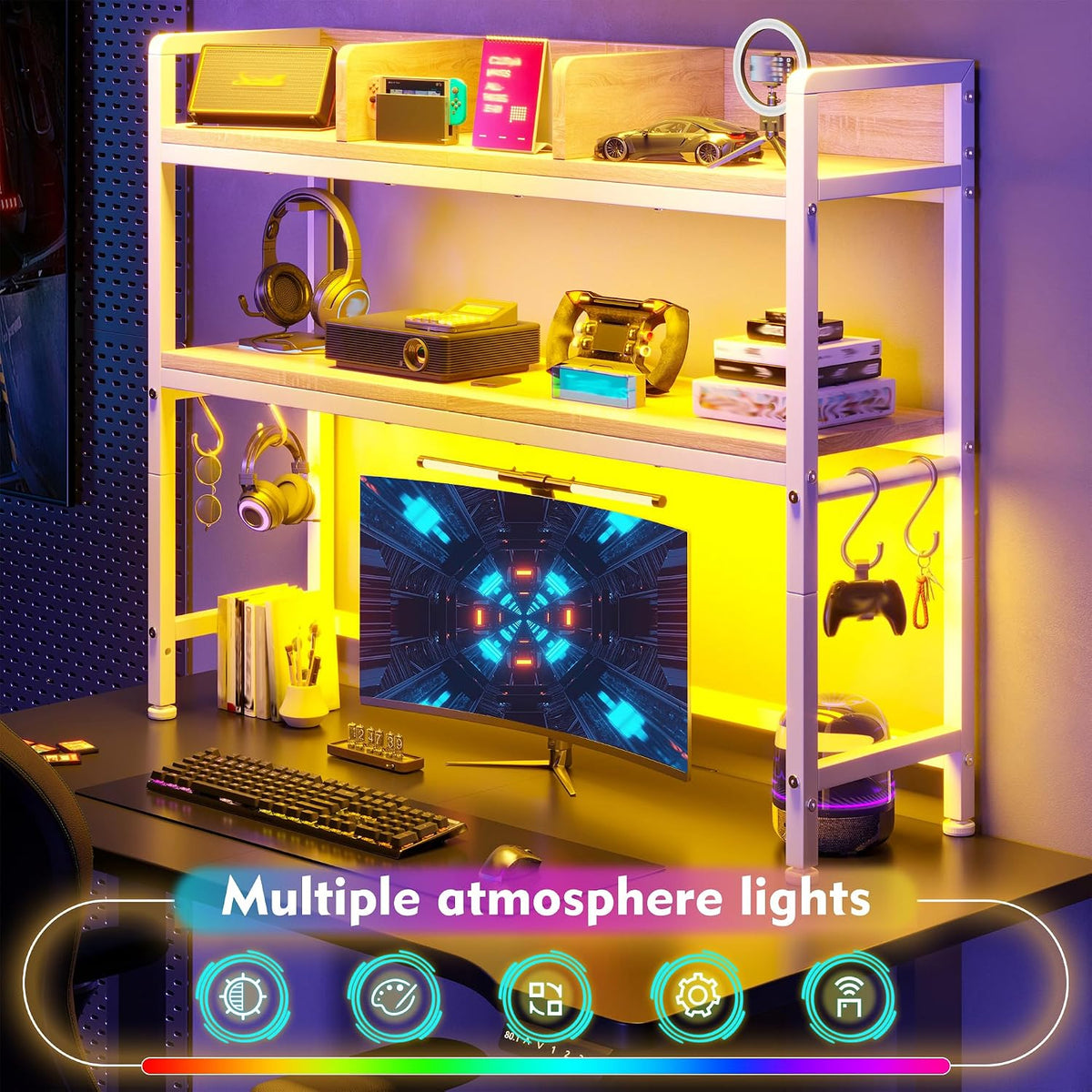 REIBII 2-Tier Desk Shelf with LED for Bedroom and Home Office, White