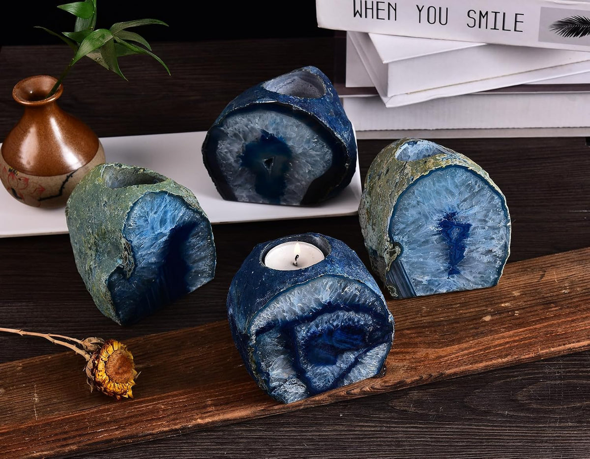 AMOYSTONE Large Blue Agate Candle Stand Patio Lanai Outdoor Dining Base