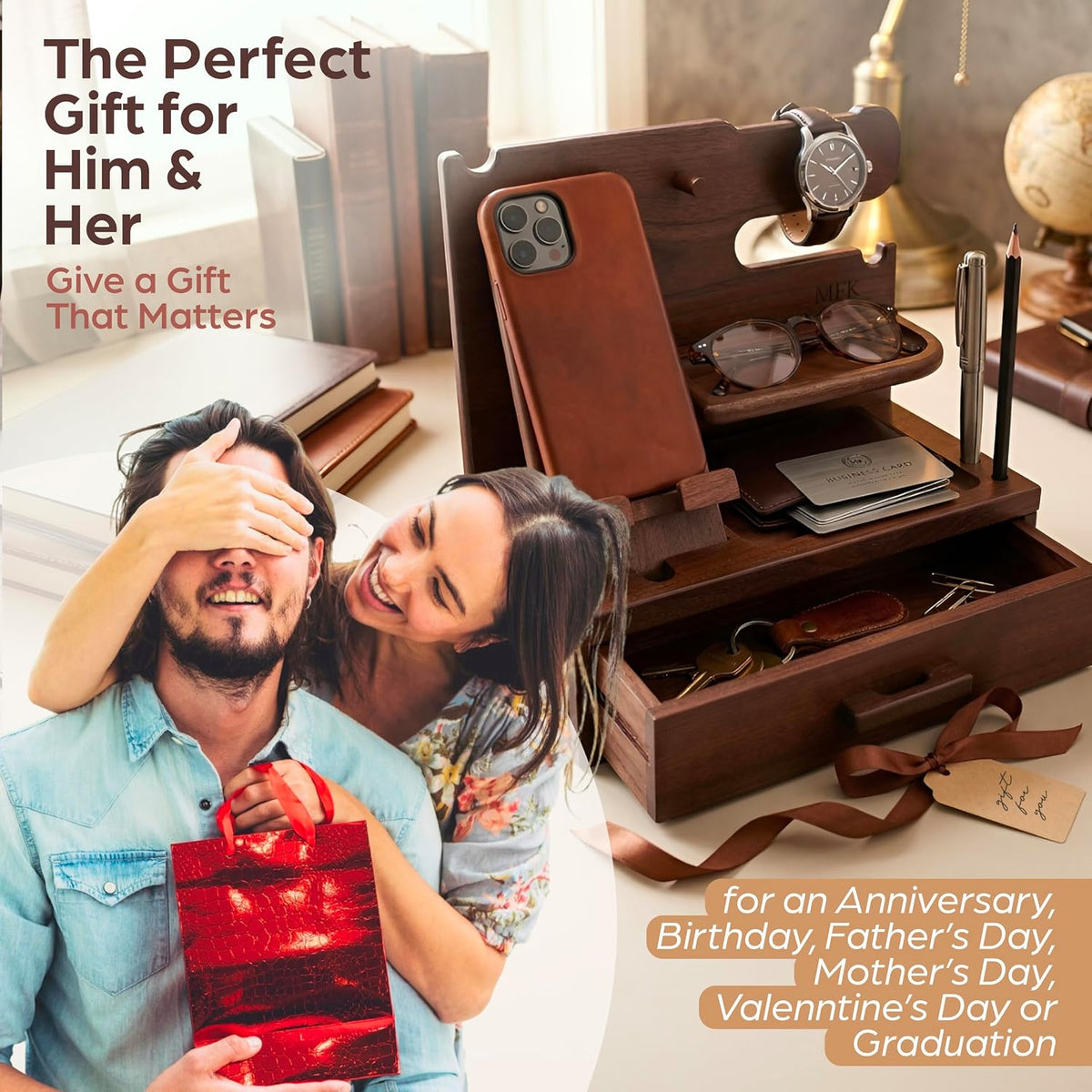 Bourbon Brown Wood Nightstand Organizer Docking Station Key, Wallet & Watch