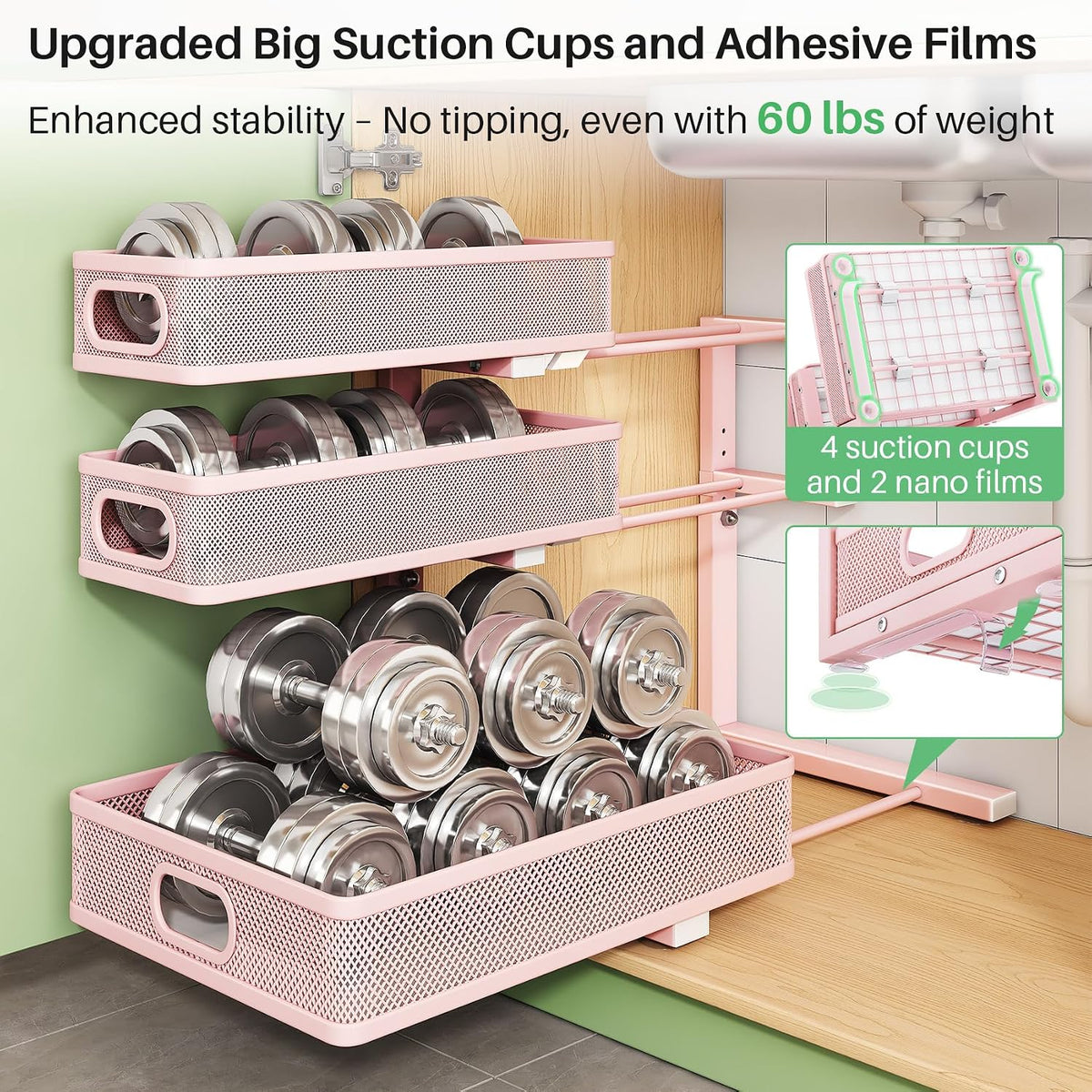 Kitstorack Under Sink Organizer, 2-Pack 3-Tier Height Adjustable Thickened Me...