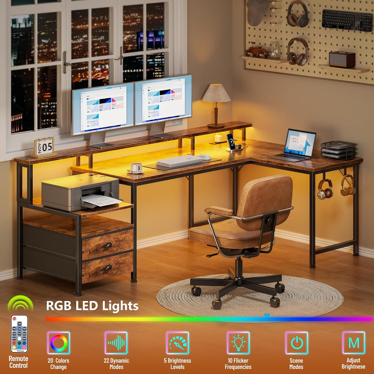 Korfile 57'' L Shaped Computer Desk with Storage Drawers, Power Outle...