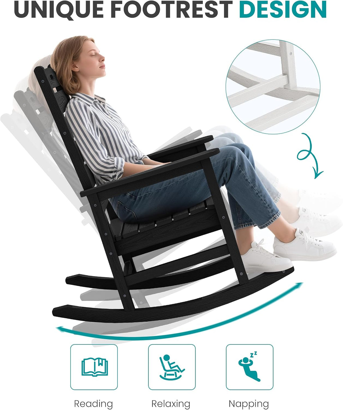 SERWALL Outdoor Rocking Chair Set of 2, Oversized HDPE Rocker, Black