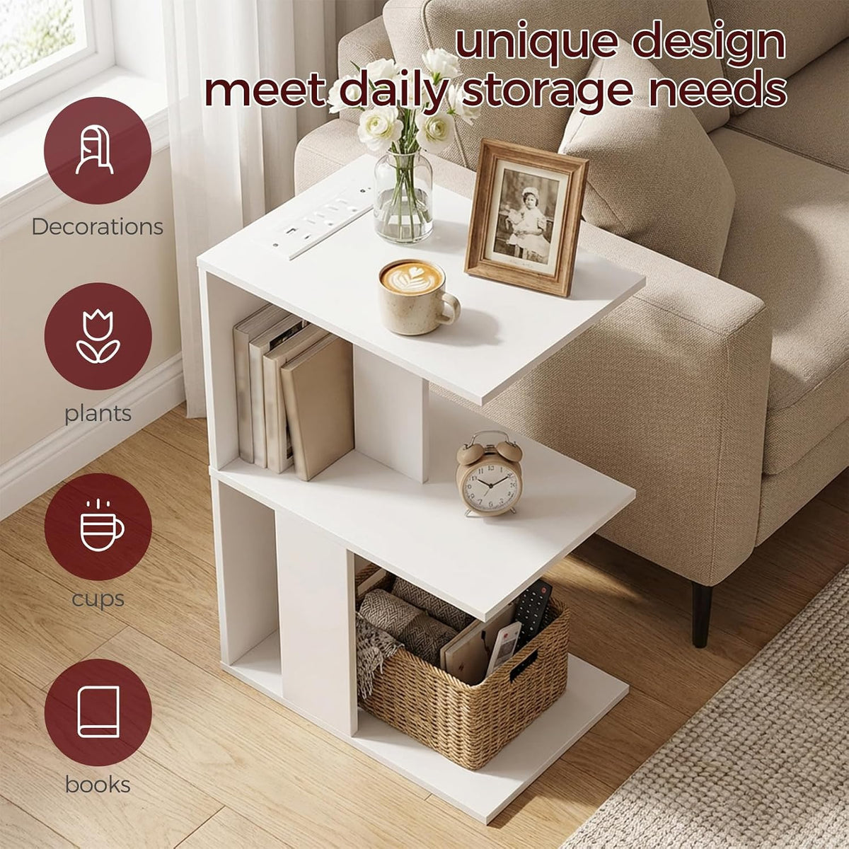 MAHANCRIS Set of 2 Narrow Side Table, White End Table with Charging Station