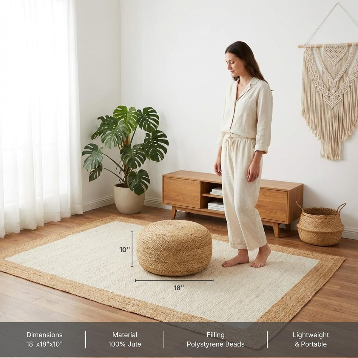 · REDEARTH · Jute Circular Low Pouf Ottoman - Boho Foot Stool - Natural