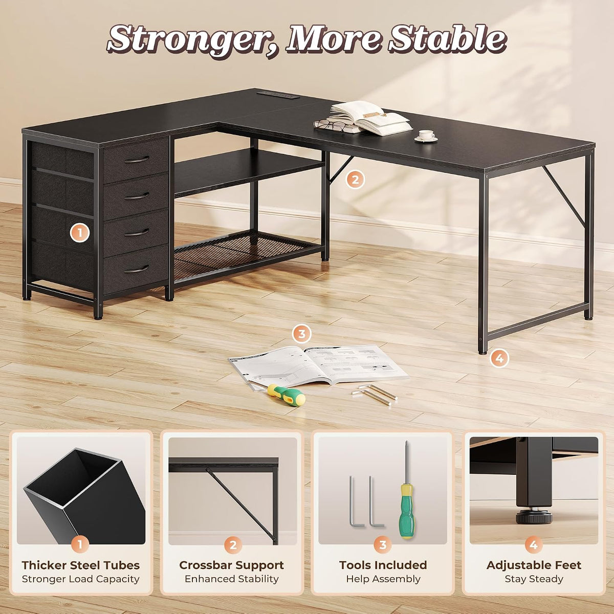 PRAISUN 61" L Shaped Desk with Power Outlets & 4 Drawers