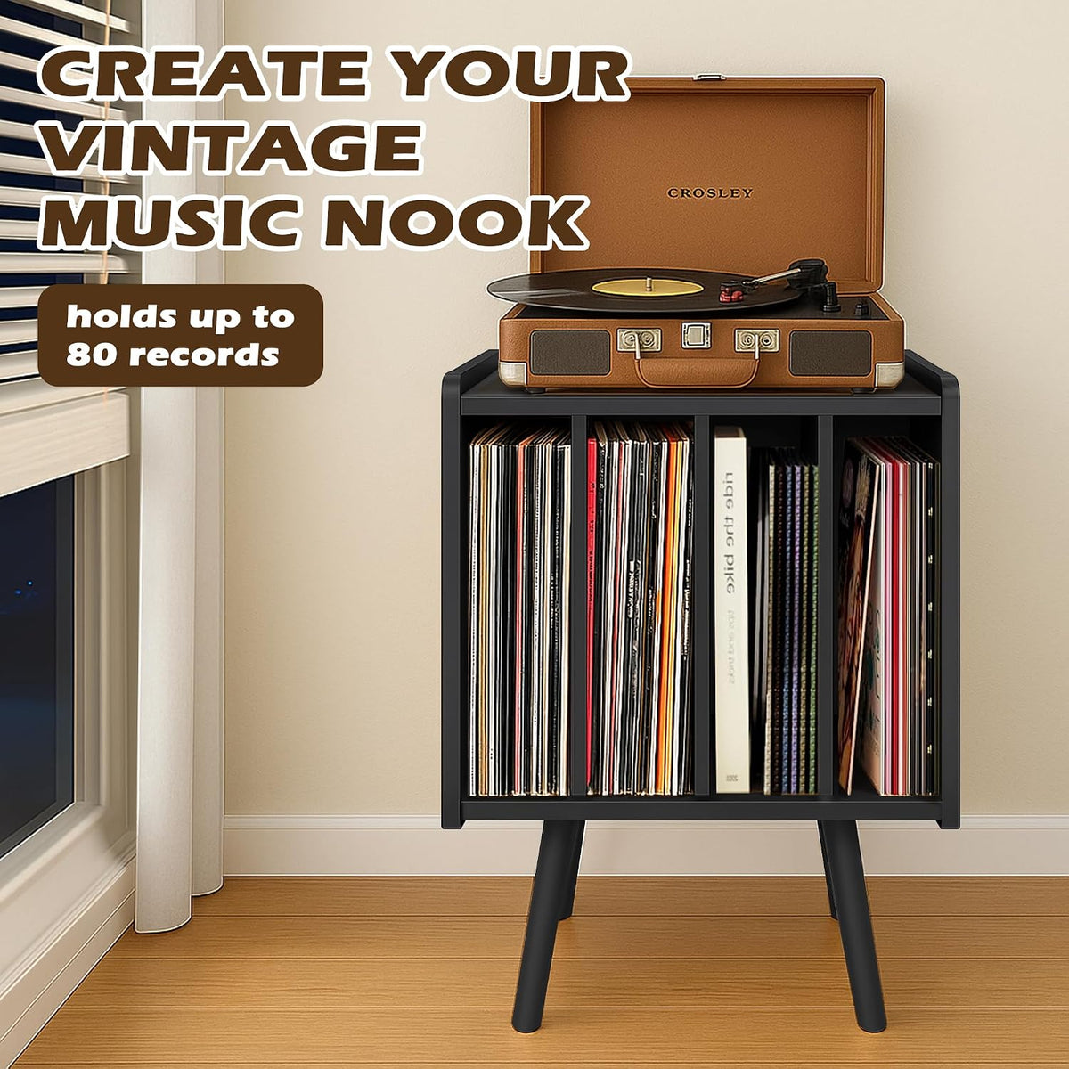 Record Player Stand, Vinyl Record Storage Table with 4 Cabinet, Mid Century M...