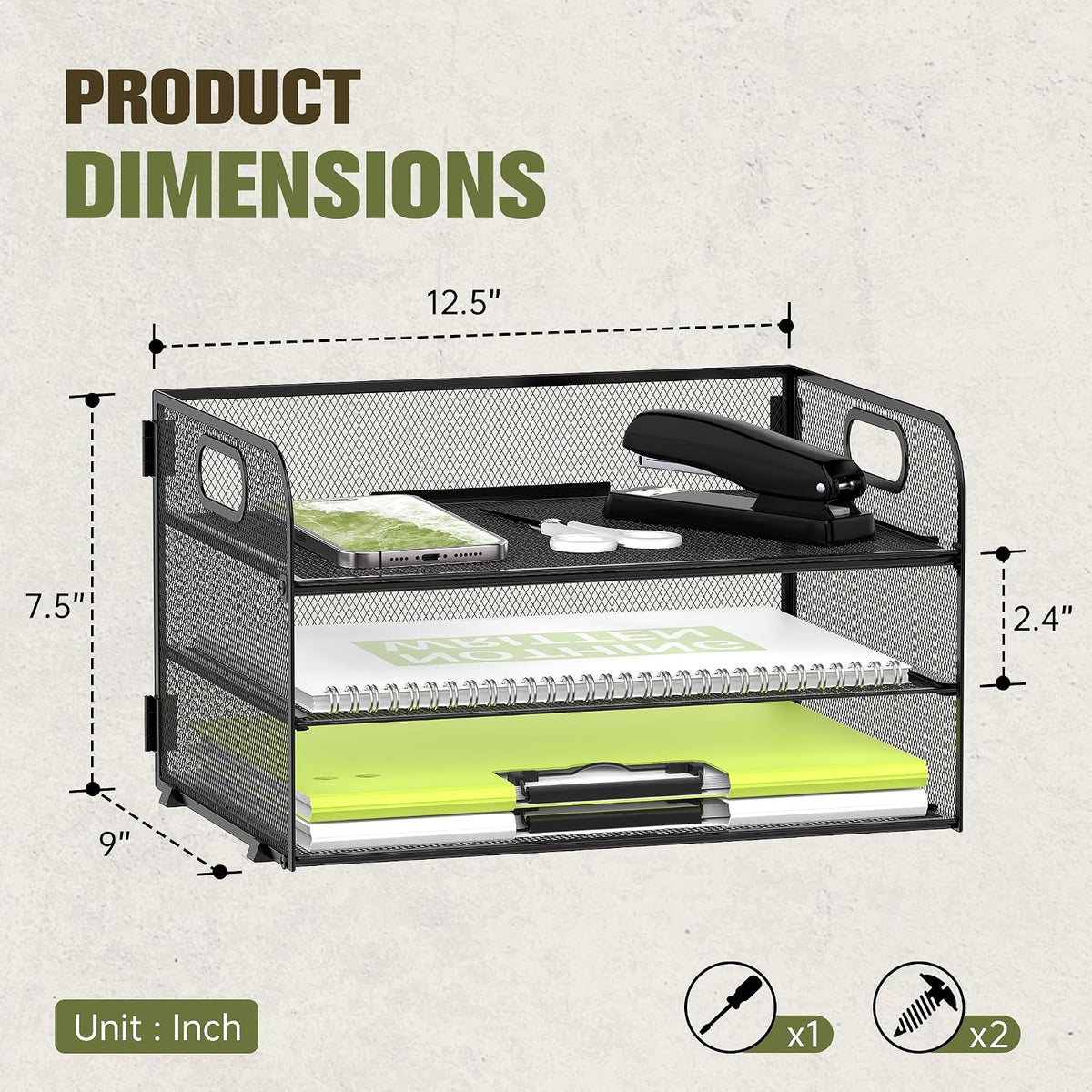 DALTACK 2 Pack 3 Tier Paper Organizer for Desk, Sliding Paper Trays, Black