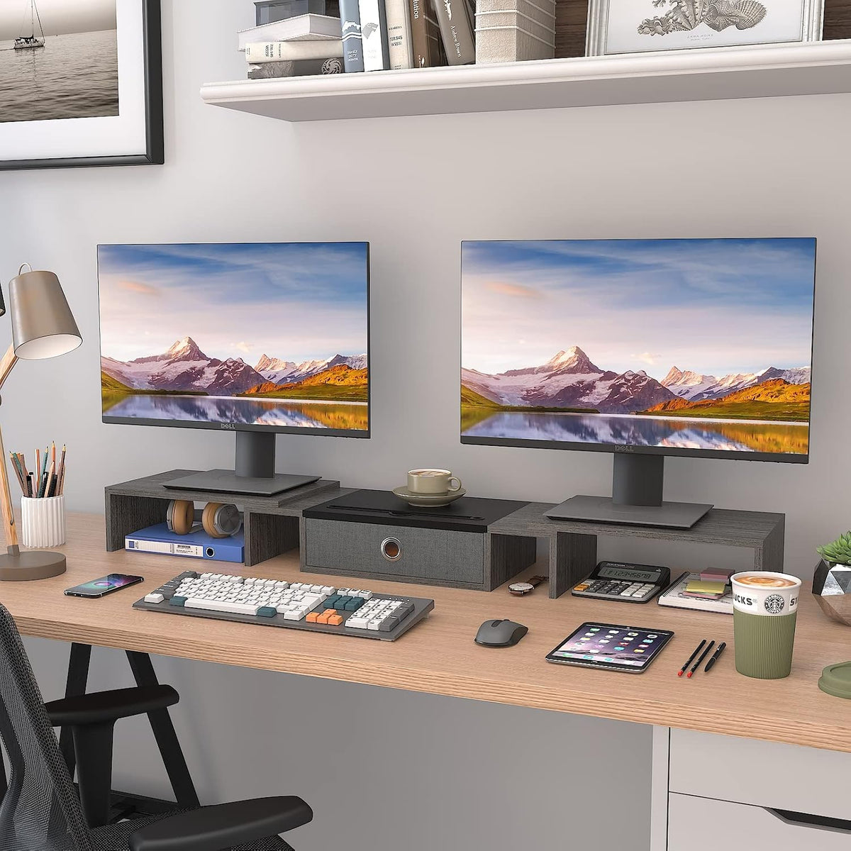 WESTREE Triple Dual Monitor Stand Riser with Drawer,Extra Large Adjustable fo...