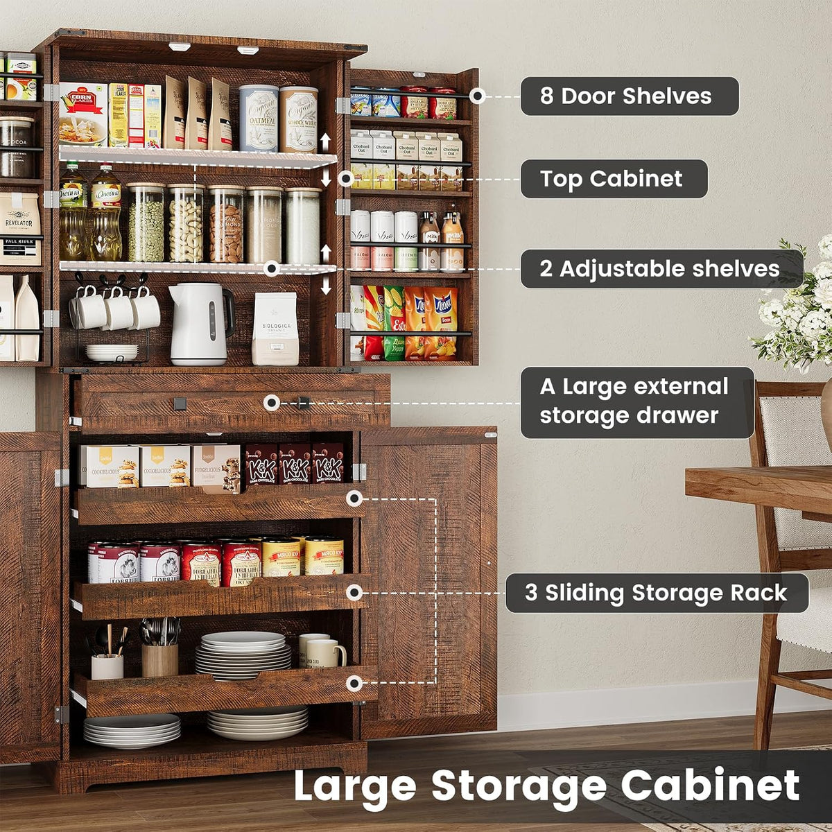 ELYKEN 72" Kitchen Pantry Storage Cabinet with Drawer, 3 Pull Out Shelves