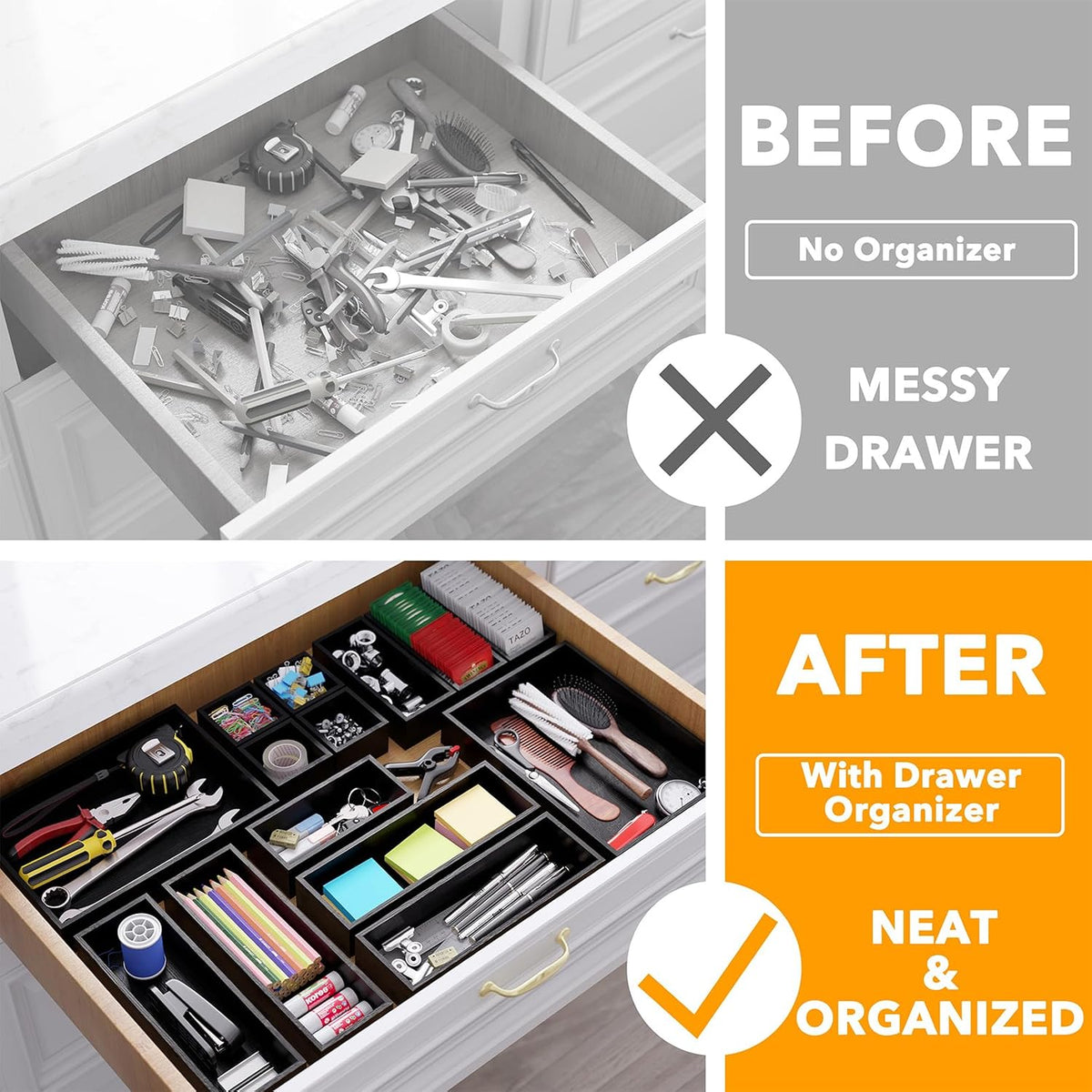 SpaceAid 14-Piece Bamboo Drawer Organizer Storage Boxes Set, Wood Tray Junk D...