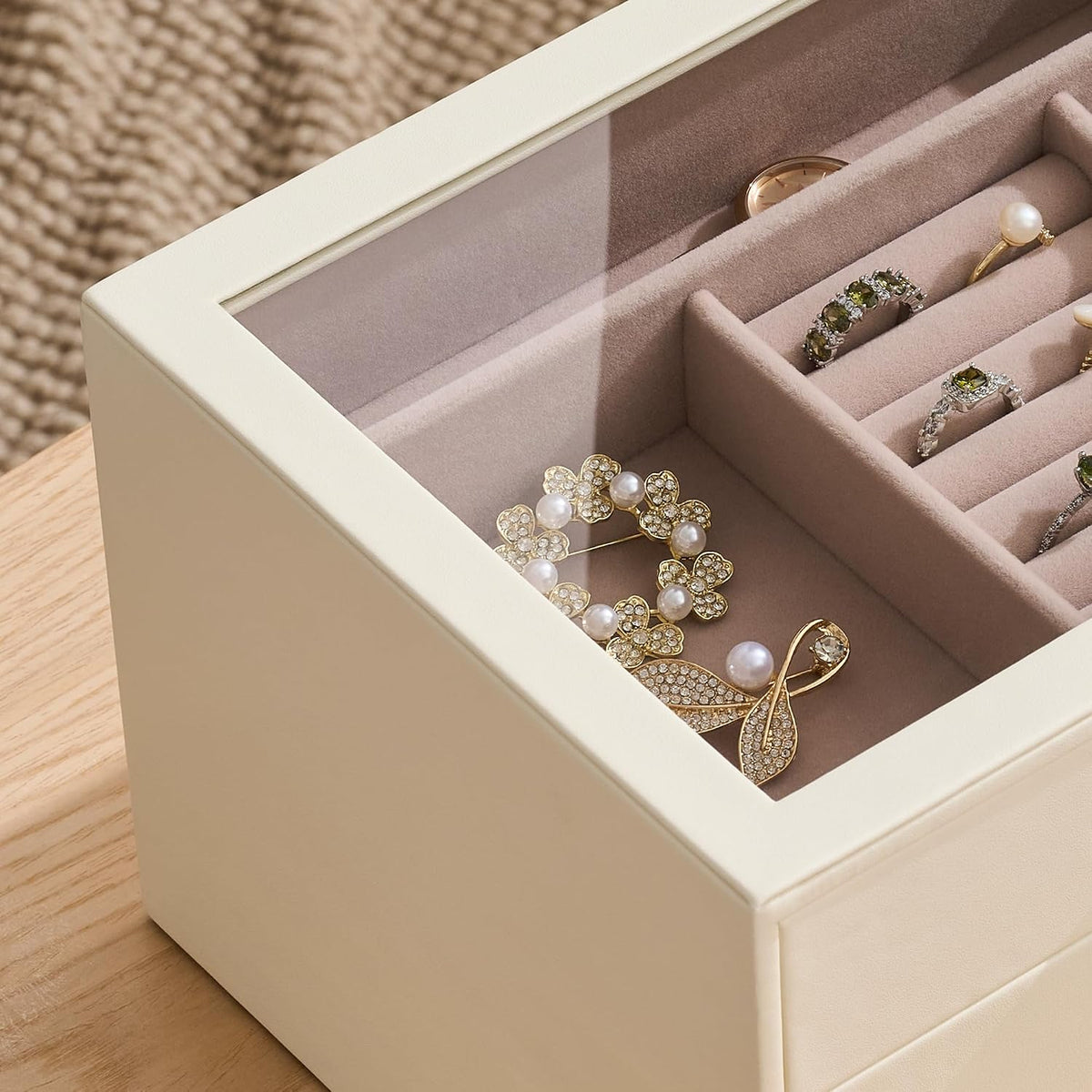Jewelry Box Organizer Storage Case, 3-Layer with Glass Window, White