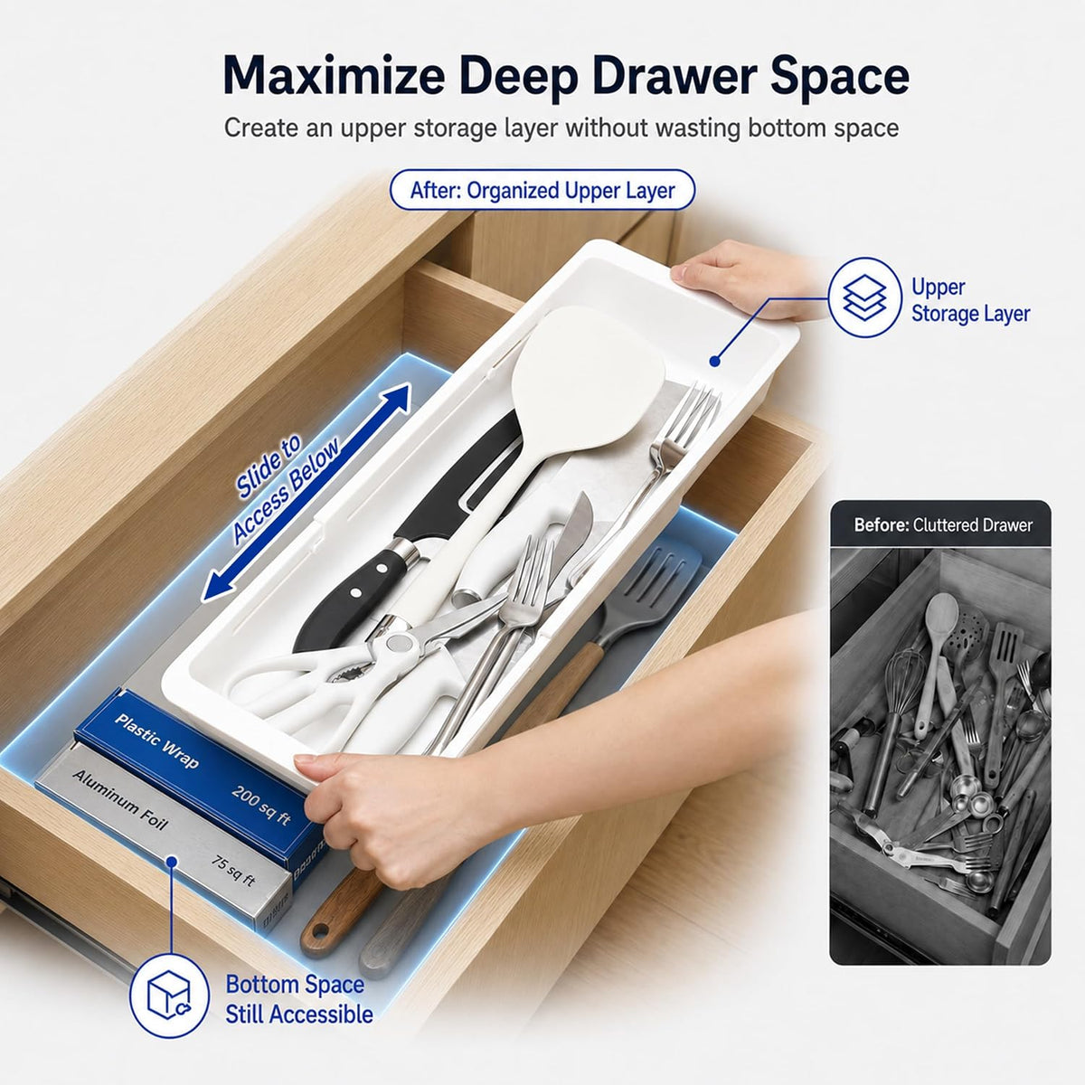3-Pack Expandable Drawer Organizer for Deep Drawers, Adjustable 17–27 in Stor...