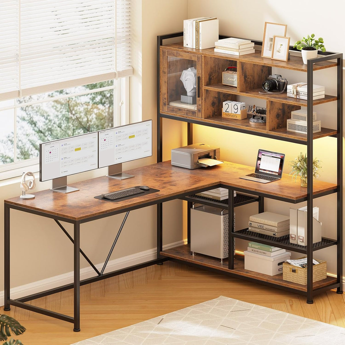 SEDETA L Shaped Computer Desk with Storage Shelves, Bookshelf, Rustic Brown