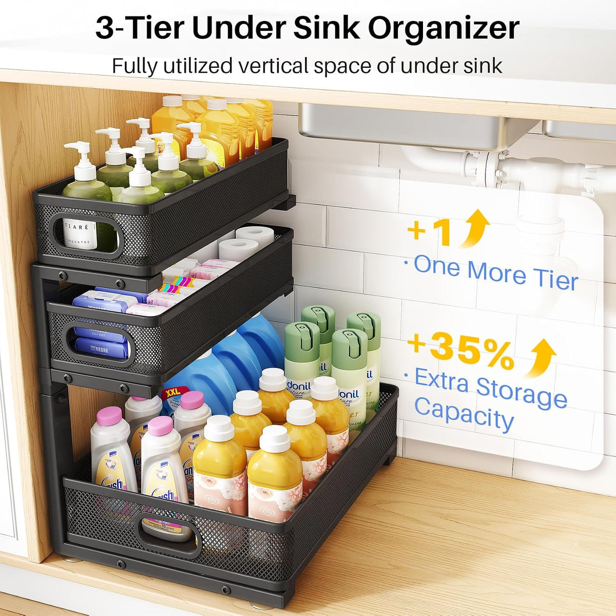 Under Sink Organizer, 3-Tier Thickened Metal Pull out Cabinet Organizer Shelf...
