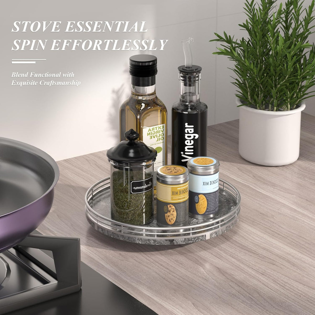AHM10-Inch Gray Marble Lazy Susan with Silver Iron Frame