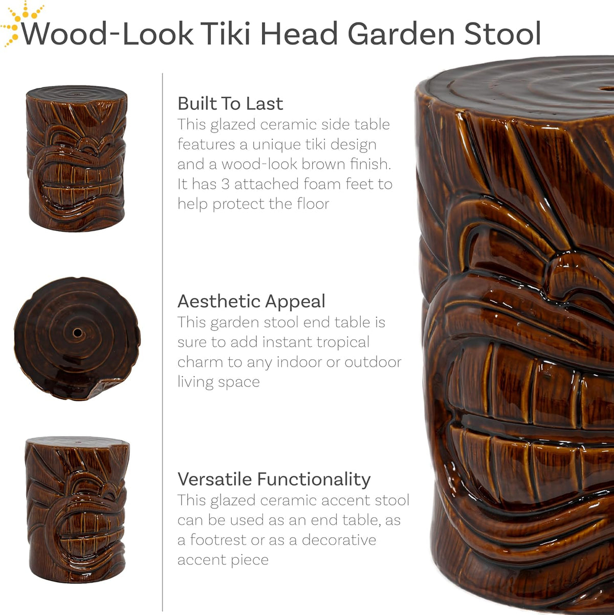 Sunnydaze Tropical Tiki Head Ceramic Garden Stool Side Table - 17.25-Inch H