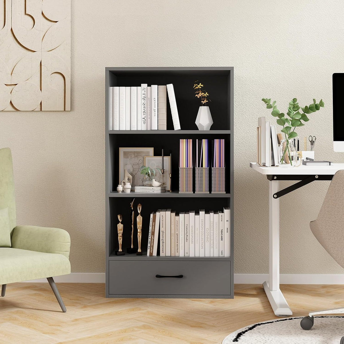 Tangkula 3 Tier Bookcase with Drawer, 42.5”Tall Freestanding Bookshelf with 3...