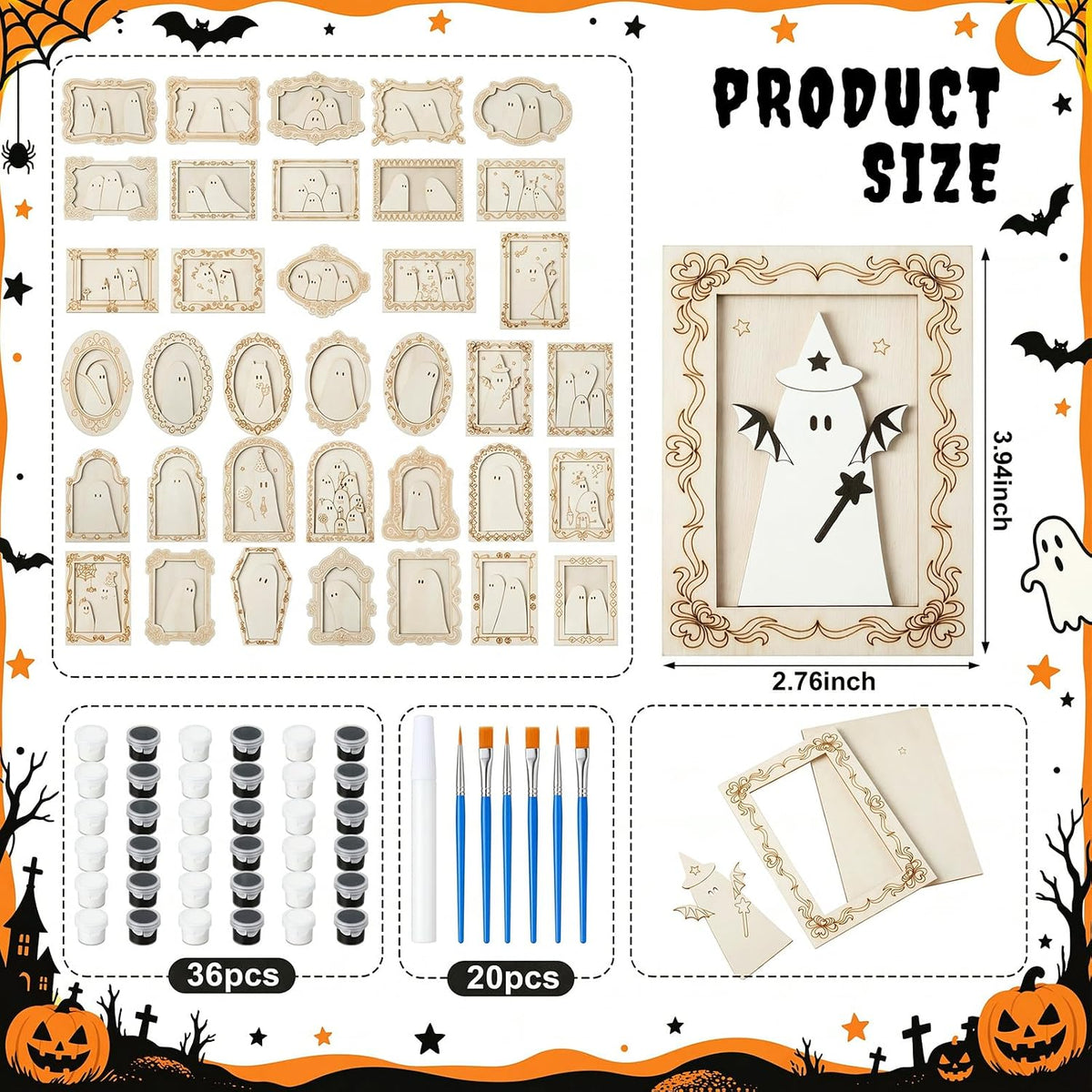 Simgoing 36 Set Adult Halloween Craft, Wood Ghost DIY Frame, Popular Style