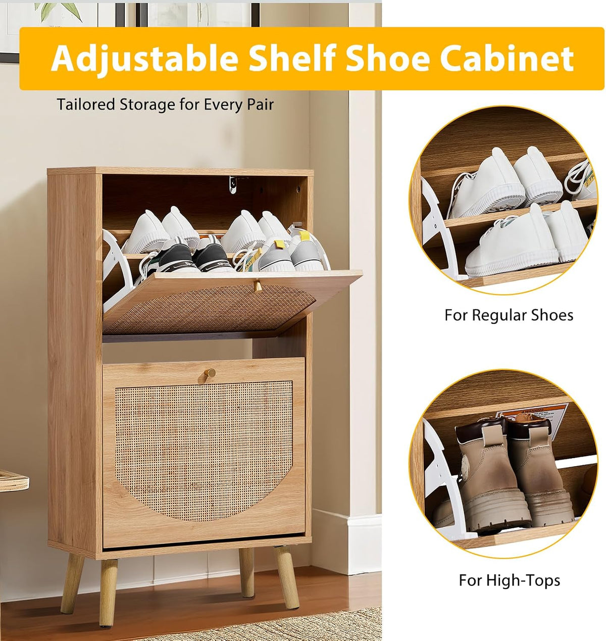 Karl home Natural Rattan Shoe Cabinet, 2 Flip Drawer Entryway Organizer