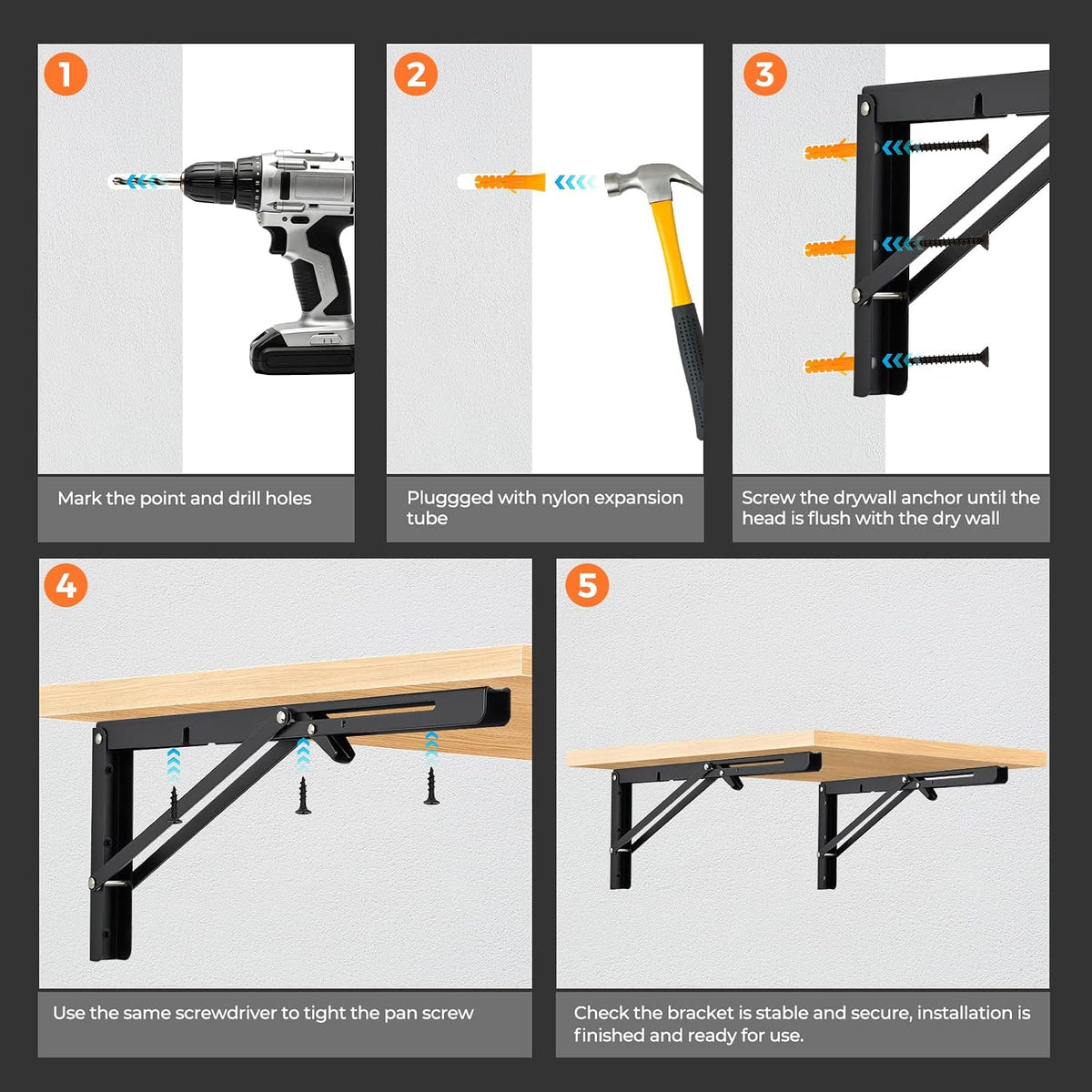 Ravinte Hardware Black Folding Shelf Brackets, 16 Inch, 4 Pcs