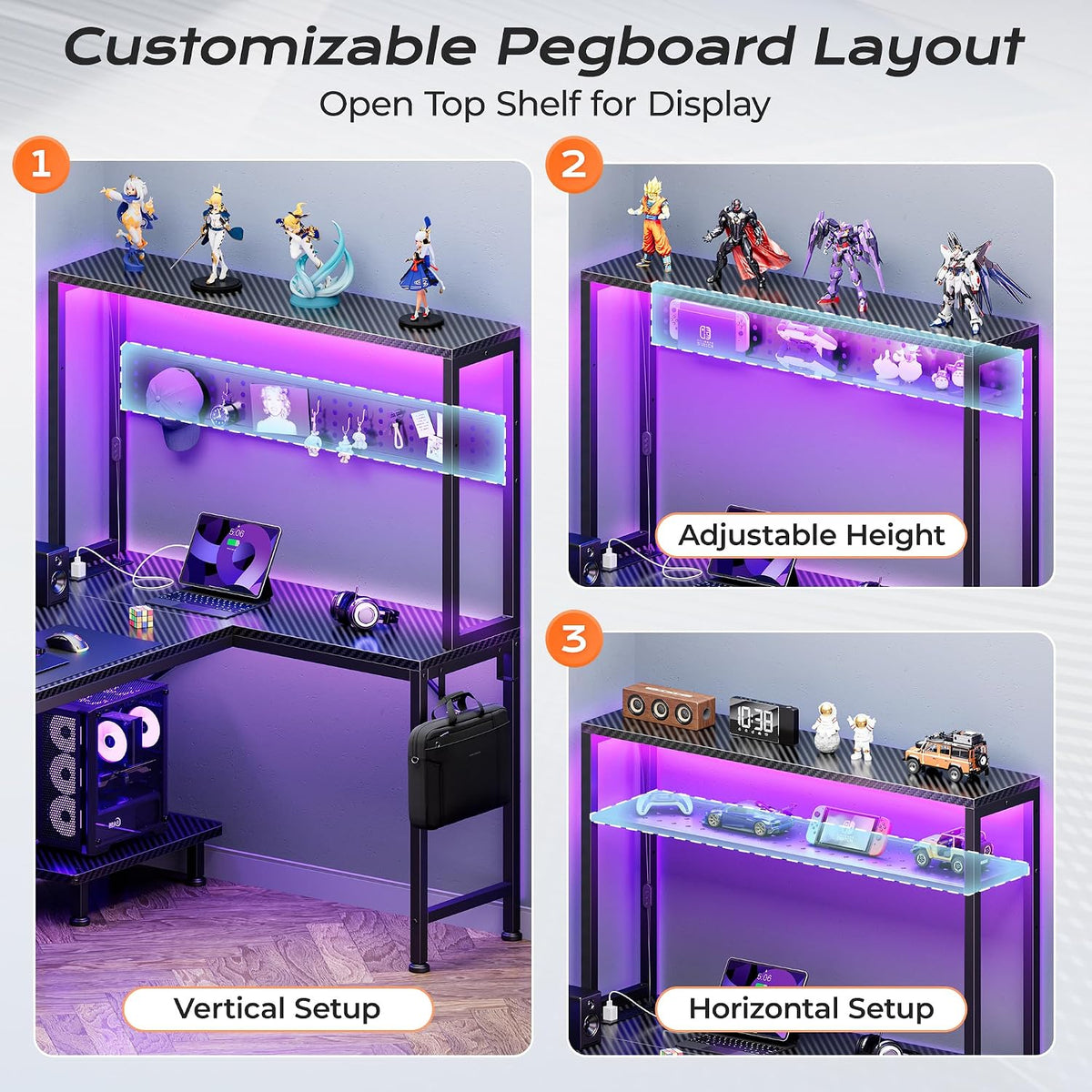 PRAISUN L Shaped Gaming Desk with LED Lights & Power Outlets