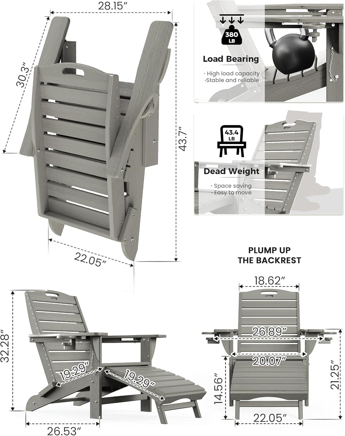 Ciokea HDPE Folding Adirondack Chair with Footrest,Grey,1