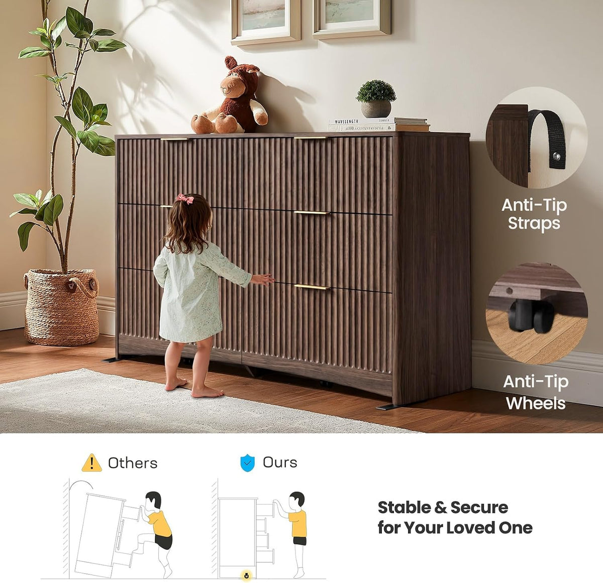 Amada Modern 6 Drawer Dresser, Fluted Wood Chest of Drawers, Walnut