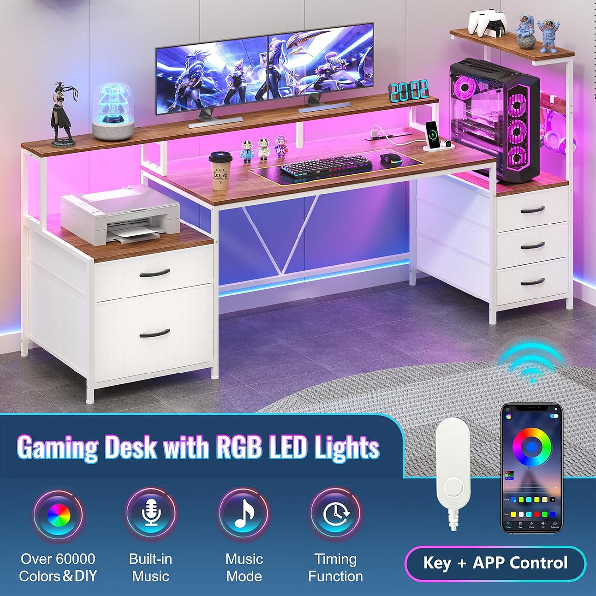 63" Computer Desk with Drawers, Storage Shelves and Printer Stand