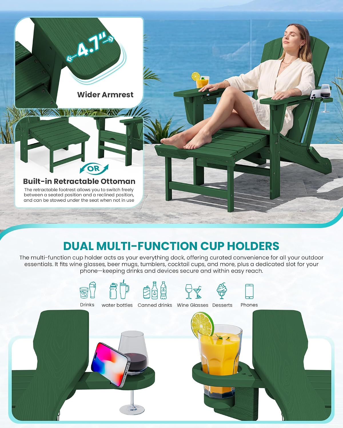 SERWALL HDPE Folding Adjustable Adirondack Chair with Footrest, Green