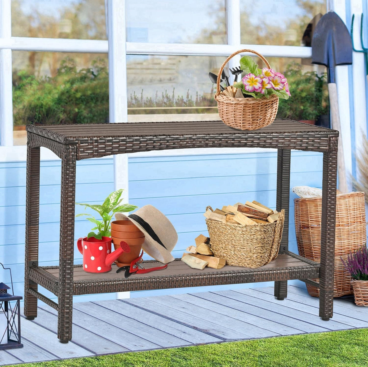 Outdoor Console Table Patio Buffet Bar Storage Organizer 45" Long Wicker...