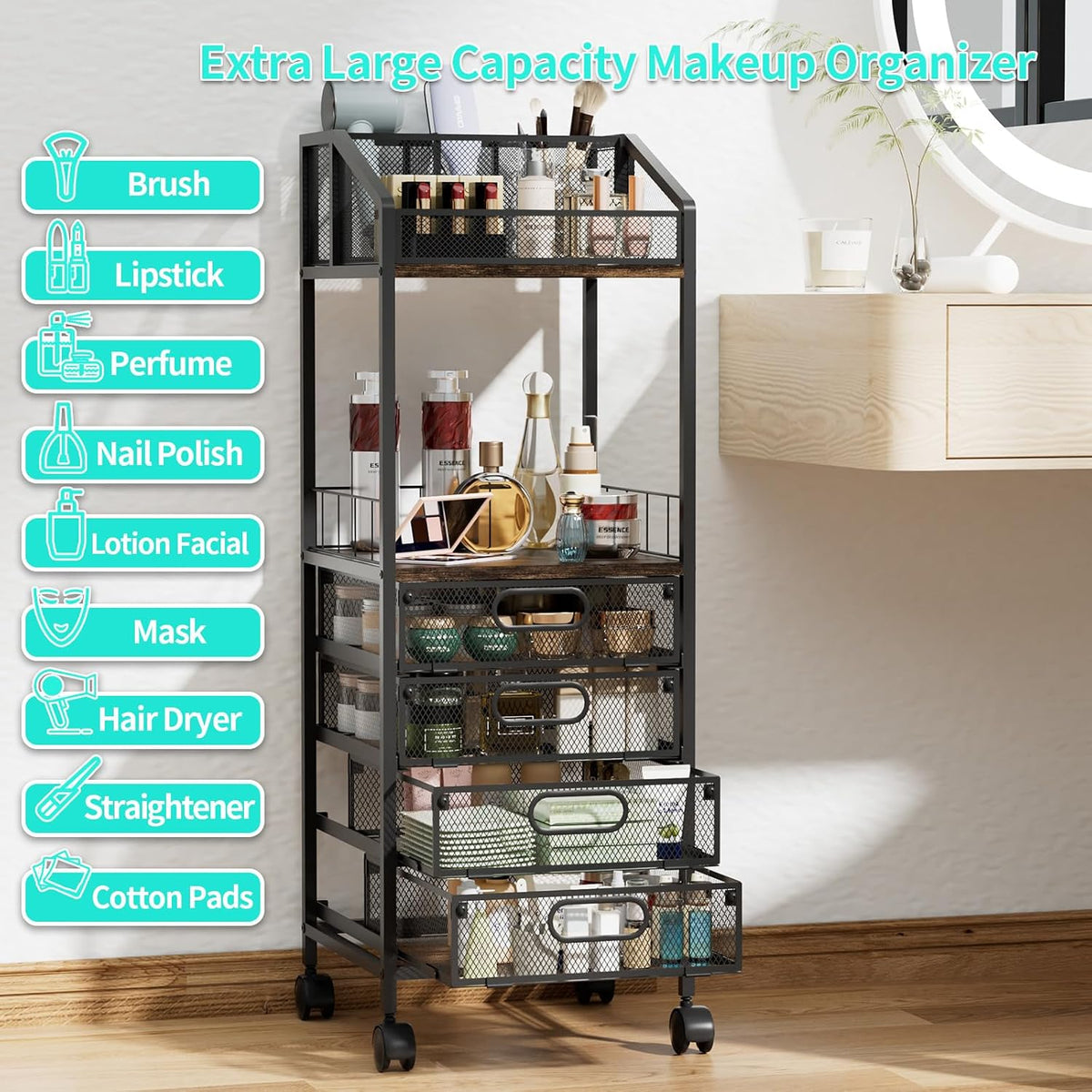 HapiRm Makeup Organizer Storage Cart - Floor Skincare Make Up Storage with 4 ...